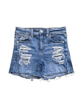 American Eagle Outfitters Ripped High-Rise Shortie Denim Shorts - Blue Size 2